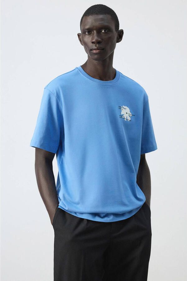 Mango Man relaxed fit T-shirt met print middenblauw