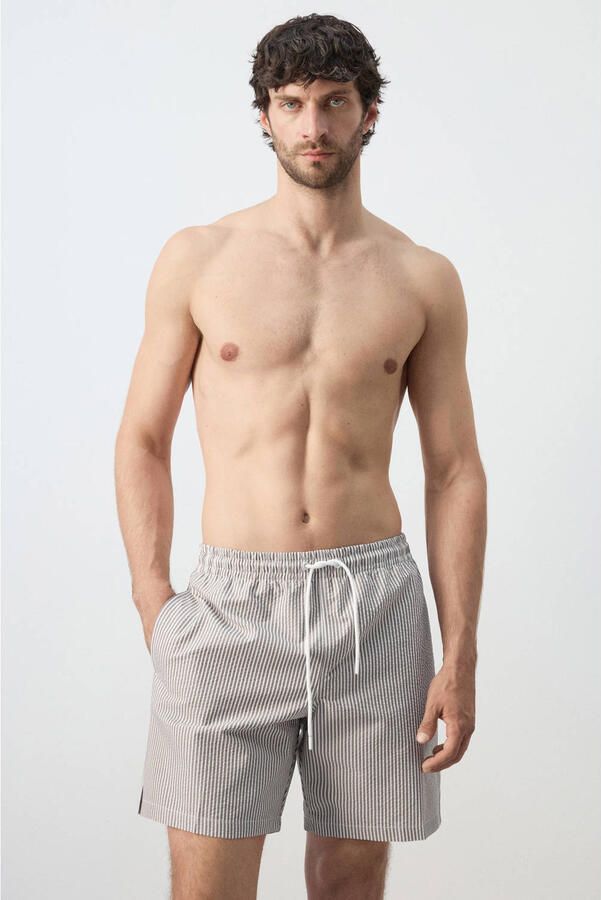 Mango Man seersucker zwemshort beige wit - Foto 3
