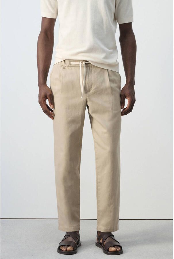 Mango Man slim casual broek met linnen beige
