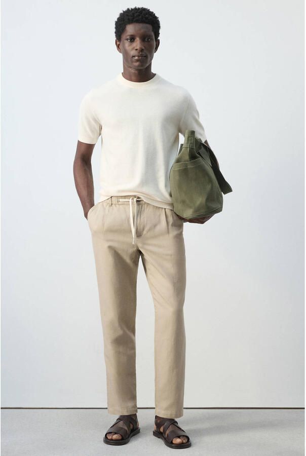Mango Man slim casual broek met linnen beige - Foto 3