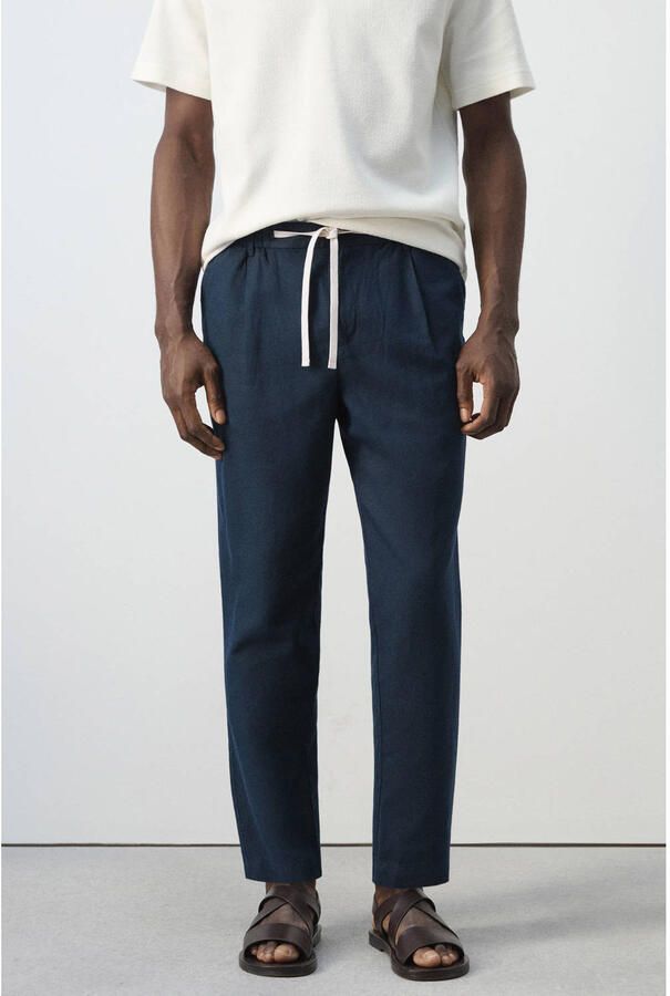 Mango Man slim casual broek met linnen donkerblauw