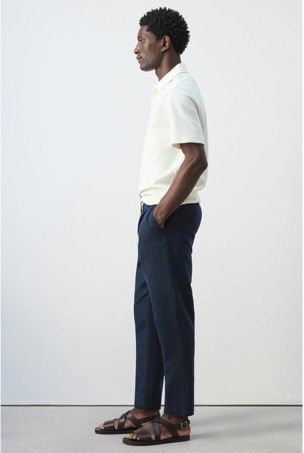 Mango Man slim casual broek met linnen donkerblauw - Foto 3