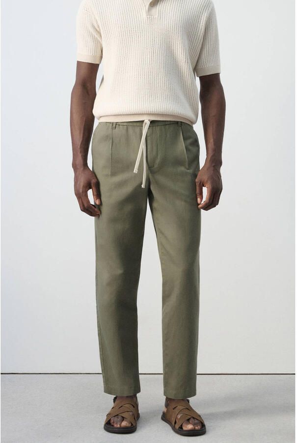Mango Man slim casual broek met linnen groen