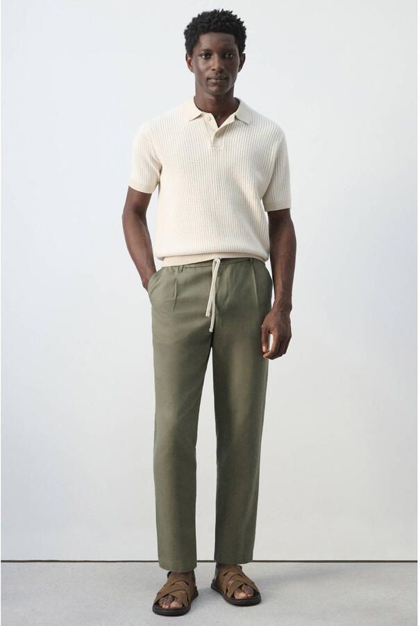 Mango Man slim casual broek met linnen groen - Foto 2