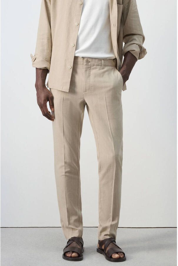 Mango Man slim casual broek met linnen met krijtstreep beige