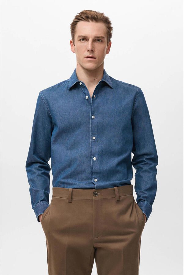 Mango Man slim casual overhemd donkerblauw