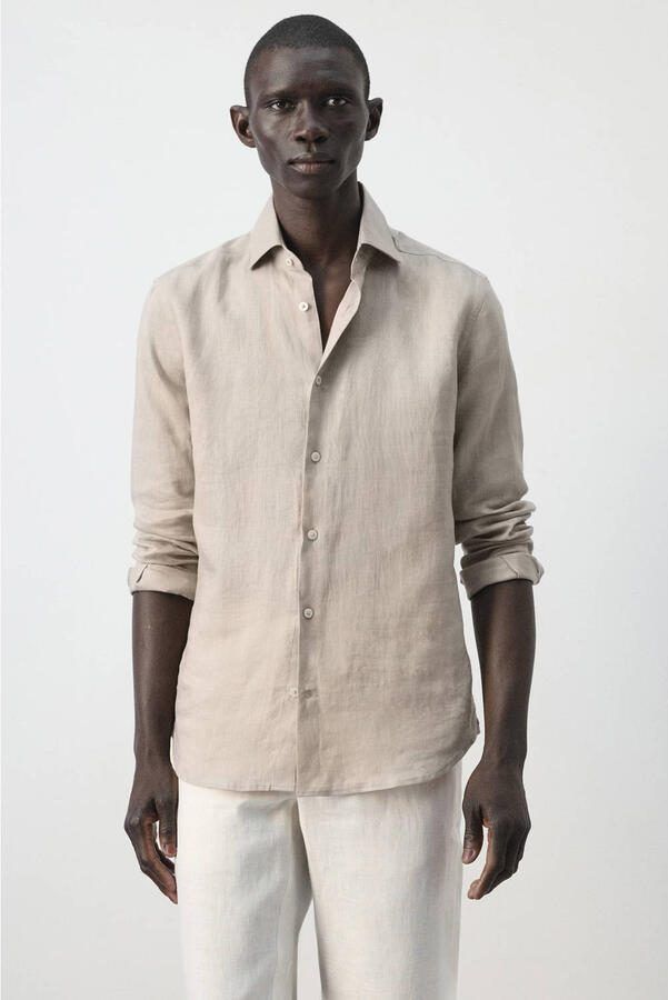 Mango Man slim casual overhemd met linnen beige