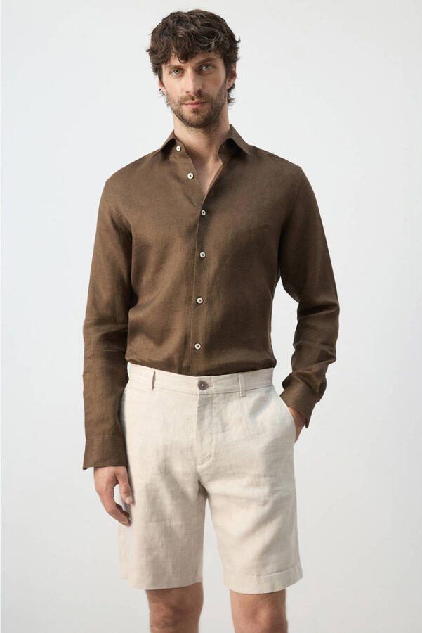 Mango Man slim casual overhemd met linnen bruin