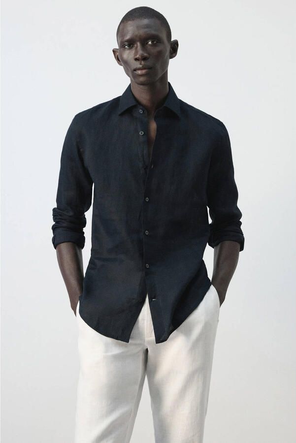 Mango Man slim casual overhemd met linnen donkerblauw