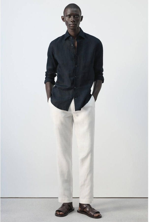 Mango Man slim casual overhemd met linnen donkerblauw - Foto 2