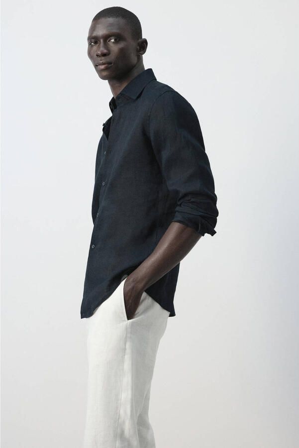 Mango Man slim casual overhemd met linnen donkerblauw - Foto 3