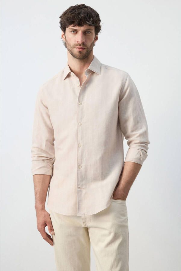Mango Man slim casual overhemd met linnen met krijtstreep beige