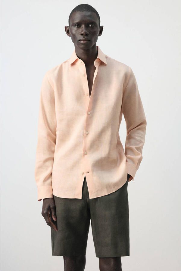 Mango Man slim casual overhemd met linnen oranje