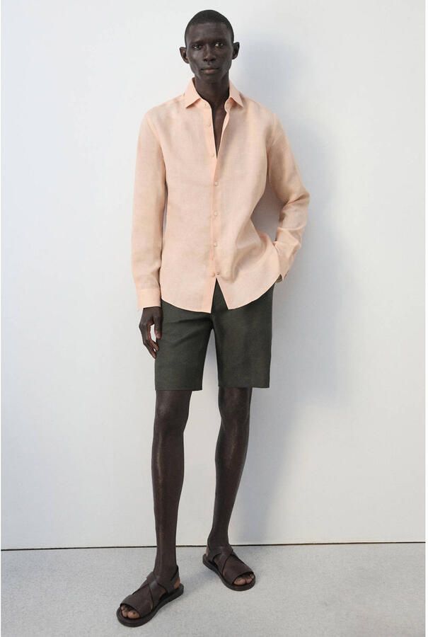 Mango Man slim casual overhemd met linnen oranje - Foto 3