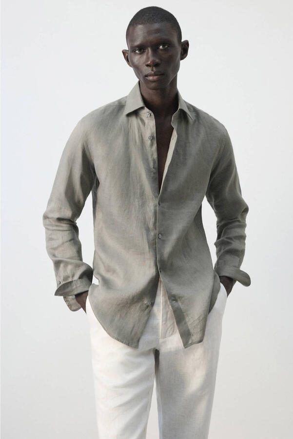 Mango Man linnen slim fit overhemd middenbruin