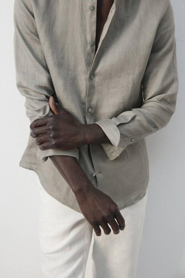 Mango Man slim casual overhemd met linnen taupe - Foto 3