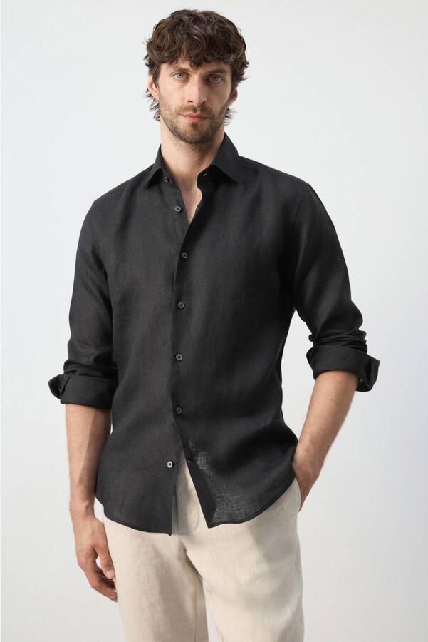 Mango Man slim casual overhemd met linnen zwart