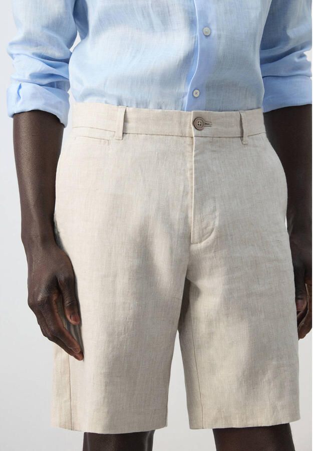 Mango Man slim casual short met linnen beige - Foto 2