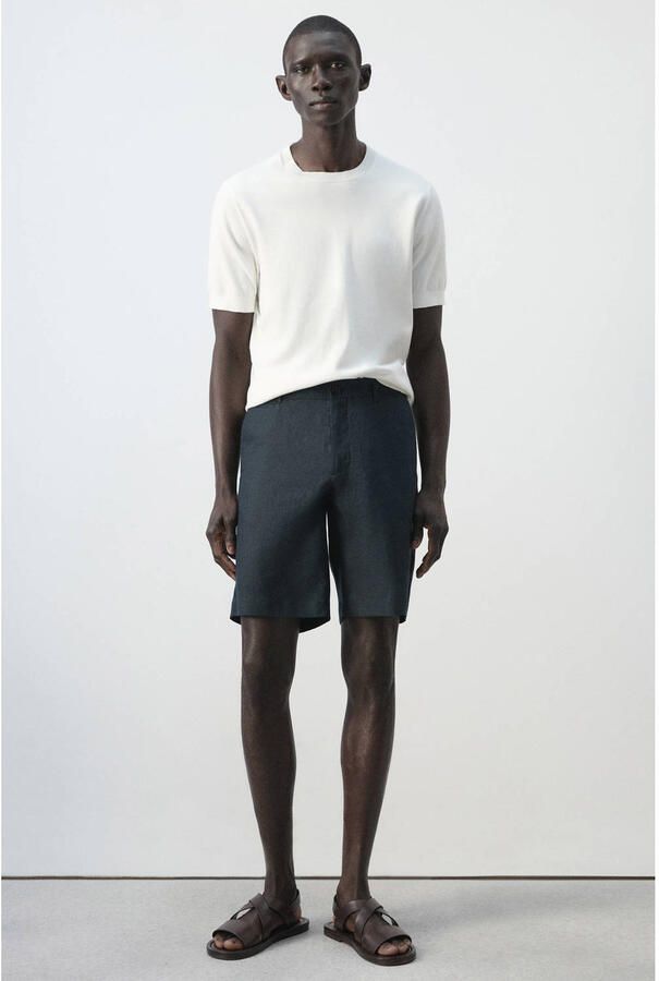 Mango Man slim casual short met linnen donkerblauw