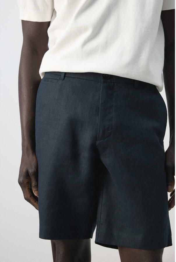Mango Man slim casual short met linnen donkerblauw - Foto 2