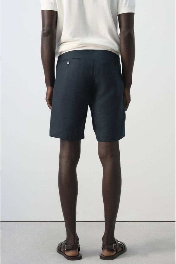 Mango Man slim casual short met linnen donkerblauw - Foto 3