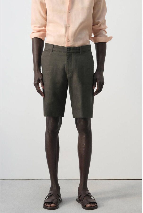 Mango Man slim casual short met linnen donkergroen