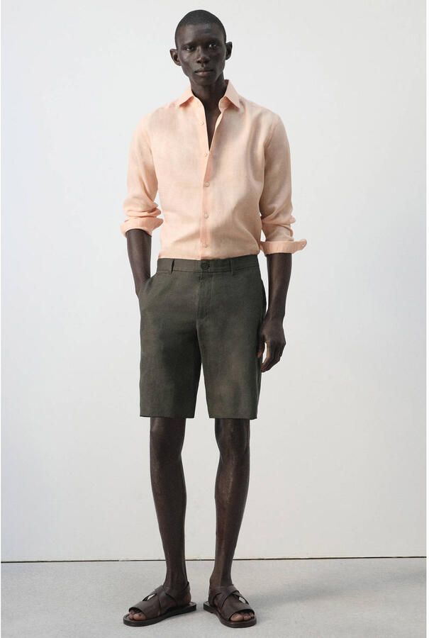 Mango Man slim casual short met linnen donkergroen - Foto 2