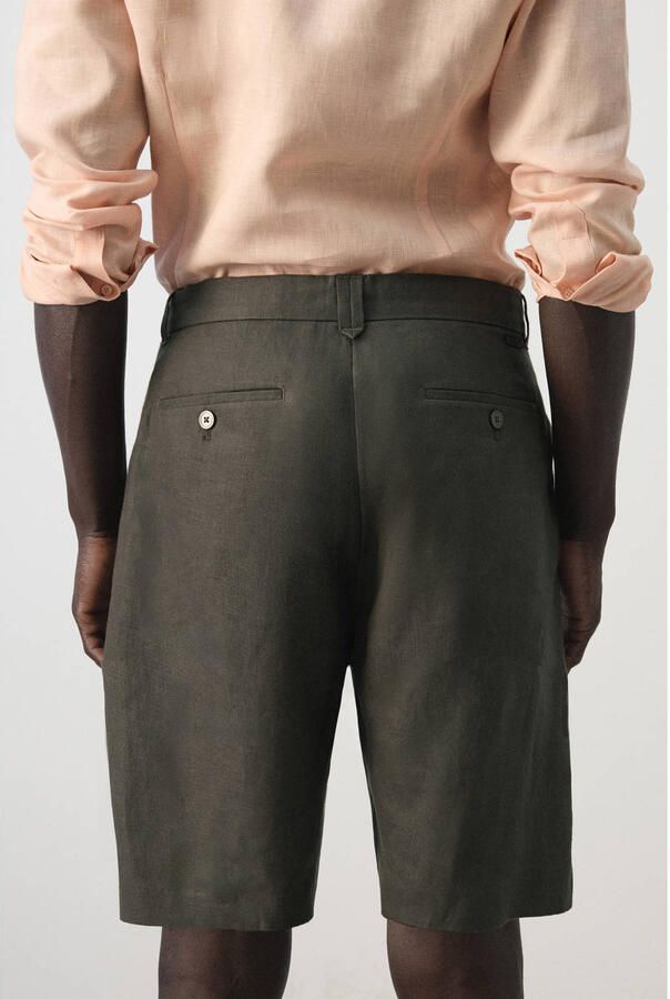 Mango Man slim casual short met linnen donkergroen - Foto 3