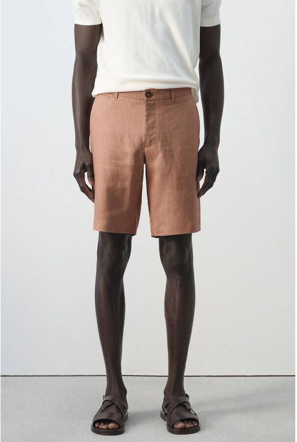 Mango Man slim casual short met linnen lichtbruin