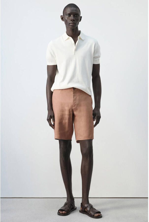 Mango Man slim casual short met linnen lichtbruin - Foto 2