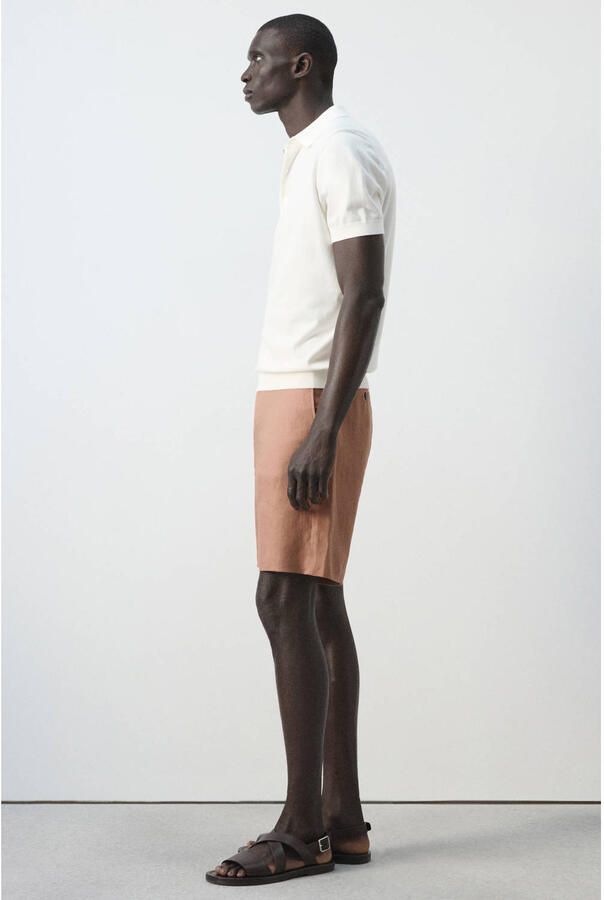 Mango Man slim casual short met linnen lichtbruin - Foto 3