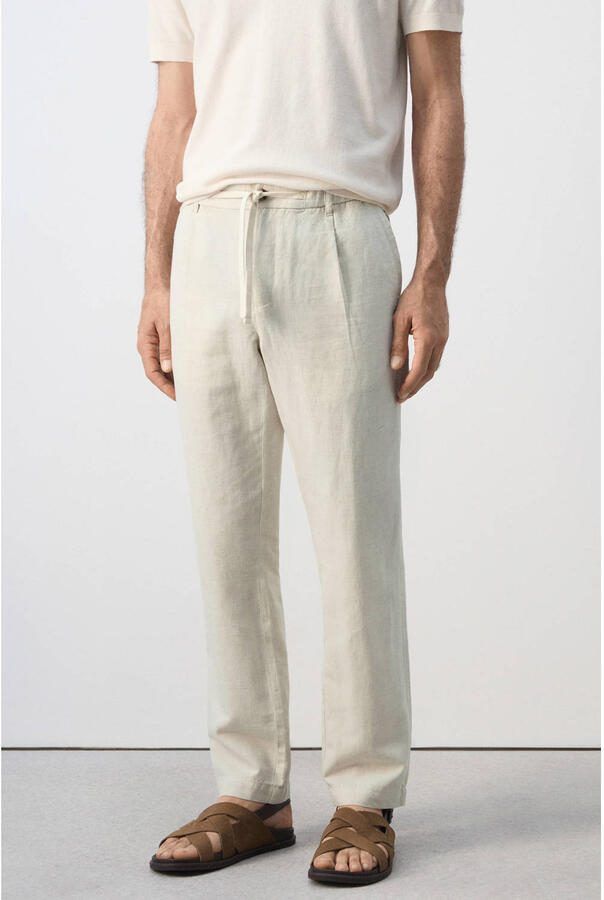 Mango Man slim fit broek met linnen lichtbeige