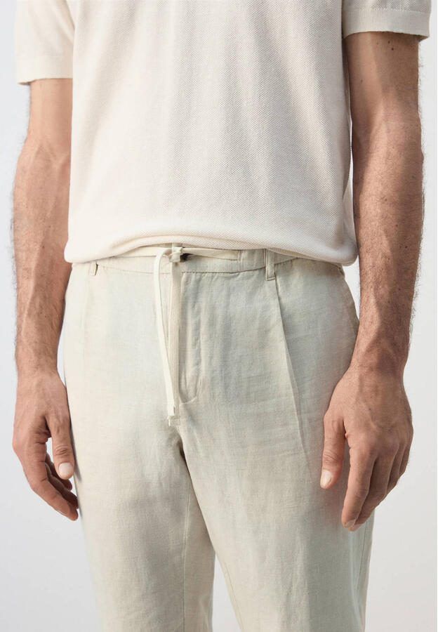 Mango Man slim fit broek met linnen lichtbeige - Foto 2