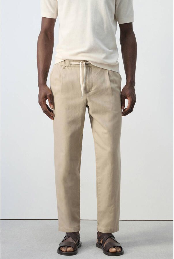 Mango Man slim fit casual broek met linnen lichtbeige