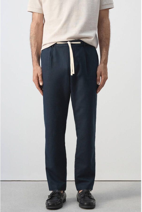 Mango Man slim fit casual broek met linnen marine