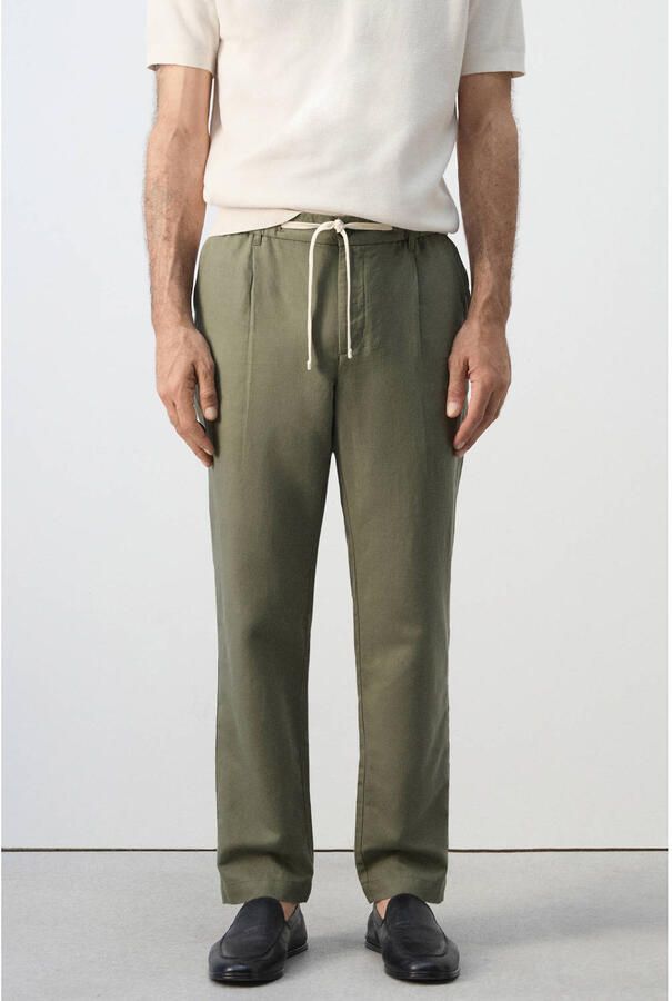 Mango Man slim fit casual broek met linnen middengroen