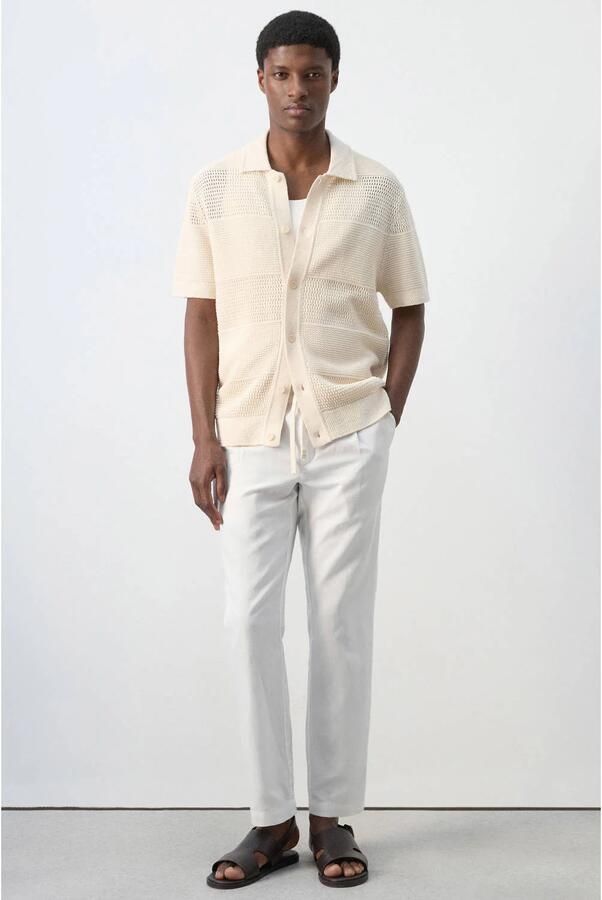 Mango Man slim fit casual broek met linnen naturel wit - Foto 3