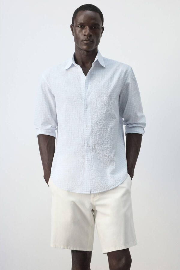 Mango Man slim fit casual geruit overhemd lichtblauw