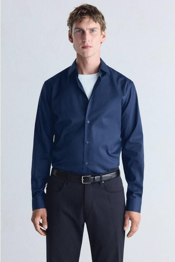 Mango Man slim fit casual overhemd donkerblauw
