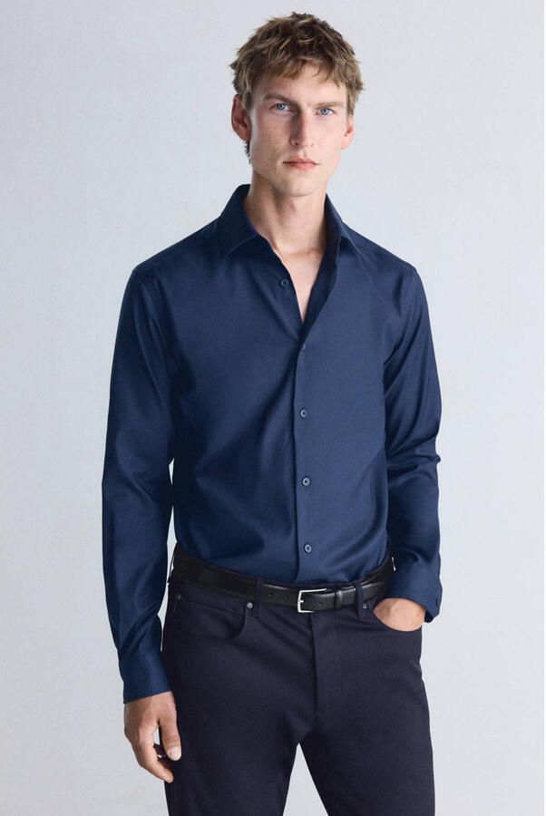Mango Man slim fit casual overhemd middenblauw