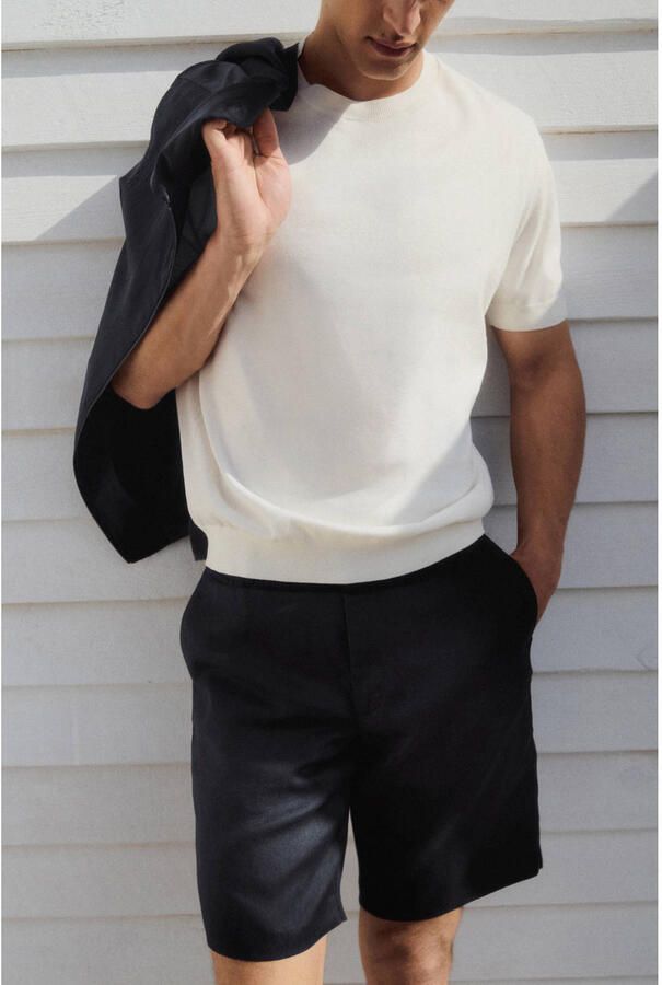 Mango Man slim fit chino short met linnen marine - Foto 2