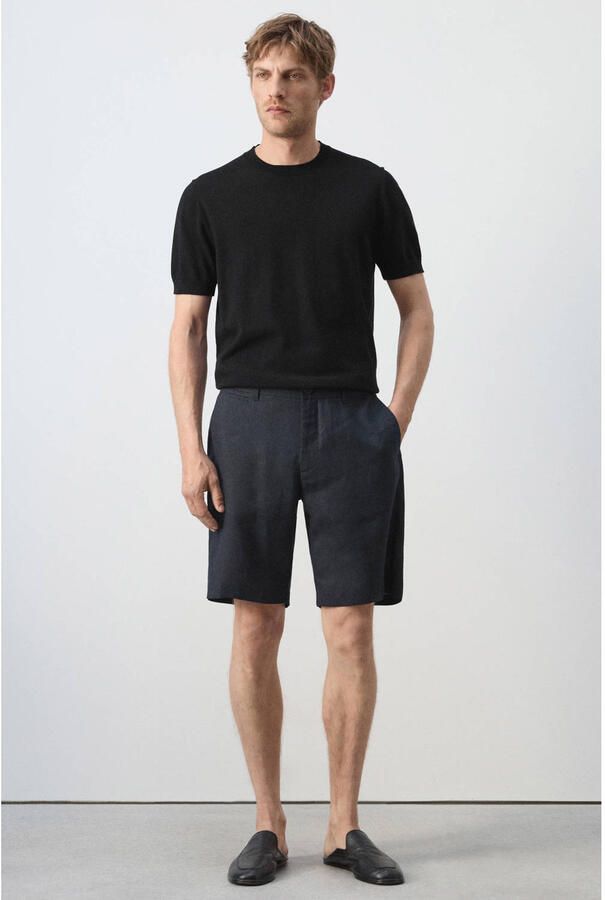 Mango Man slim fit chino short met linnen marine - Foto 3