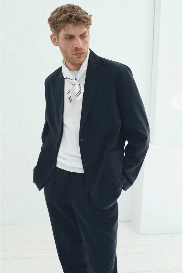 Mango Man slim fit colbert met linnen donkerblauw - Foto 2