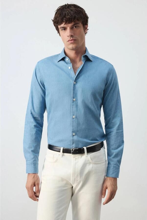 Mango Man slim fit denim overhemd lichtblauw
