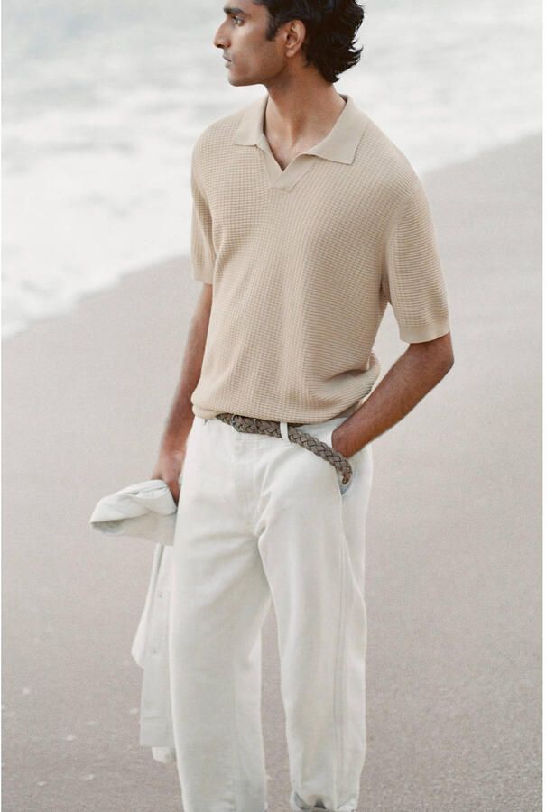 Mango Man slim fit gebreide polo lichtbeige