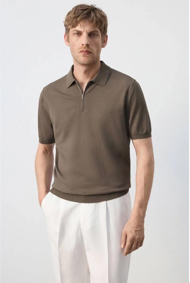 Mango Man slim fit gebreide polo middenbruin