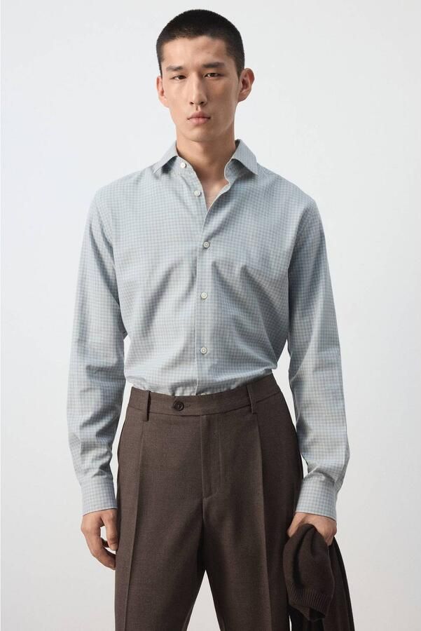 Mango Man slim fit geruit casual overhemd lichtblauw