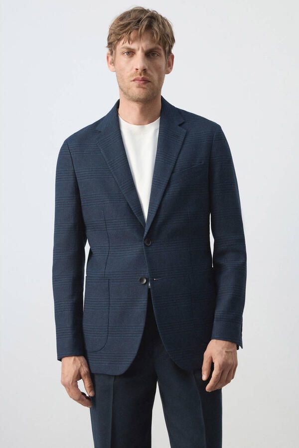 Mango Man slim fit geruit colbert met linnen donkerblauw