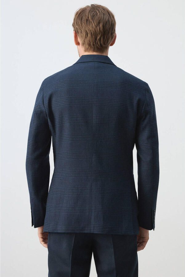 Mango Man slim fit geruit colbert met linnen donkerblauw - Foto 3