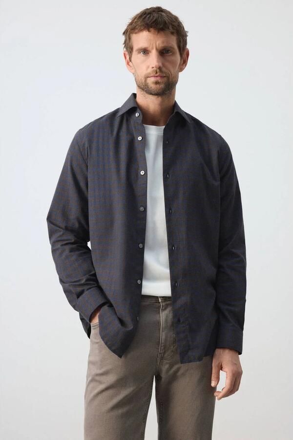 Mango Man slim fit geruit overhemd donkerblauw